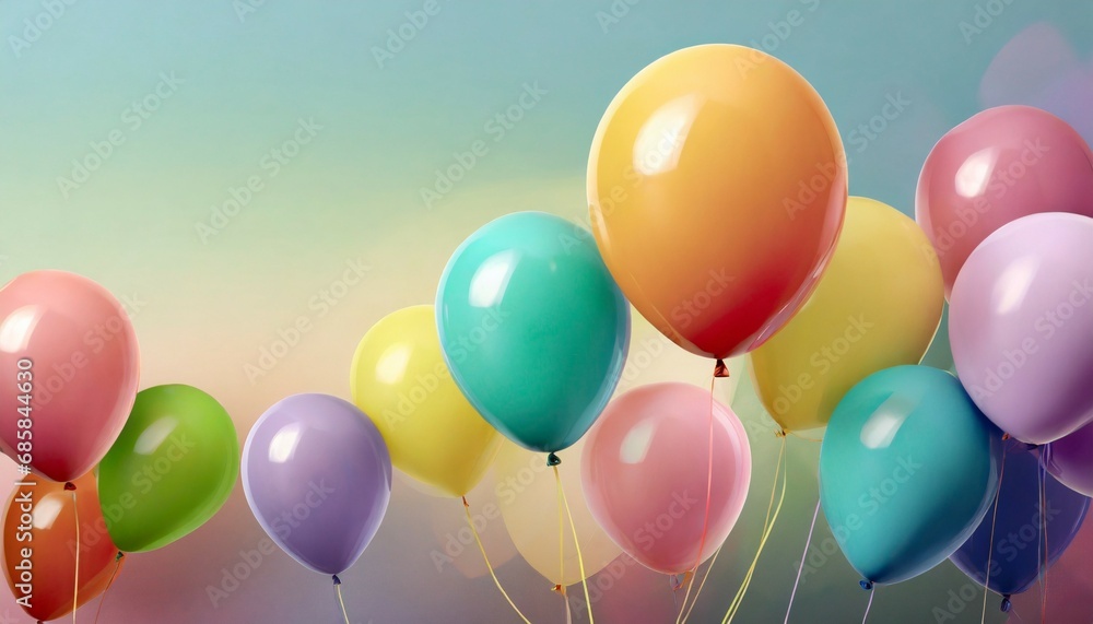 close up of colorful balloons flying in the air levitation rainbow palete pastel background for design