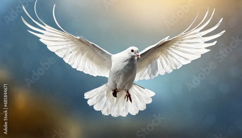 a free flying white dove on background generative ai © Florence