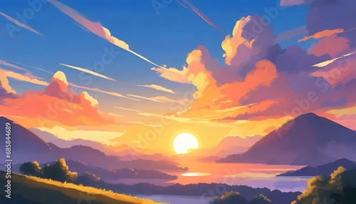 evening sunset view in anime wallpaper background peaceful sunset view romantic anime art style digital art illustration painting generative ai