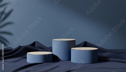 pastel and dark blue composition of three podiums or stands for product display placed on fabric with neutral simple minimal background 3d rendering