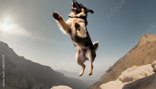dog jumping up in the air with its paws in the air and it s mouth open generative ai photo