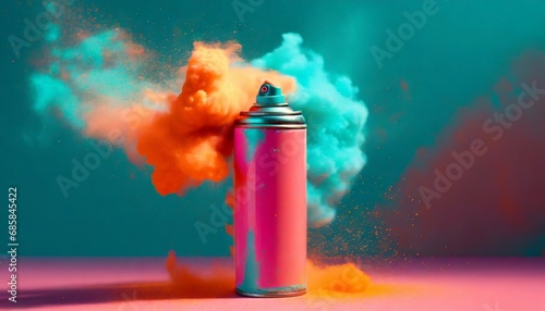 pink aerosol can with cloud of colored powders stock photo in the style of light orange and teal video glitches high quality photo colorful explosions striking composition psychedelic surrealism