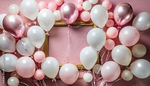 balloons on pastel pink background frame made of white and pink balloons birthday holiday concept flat lay top view copy space