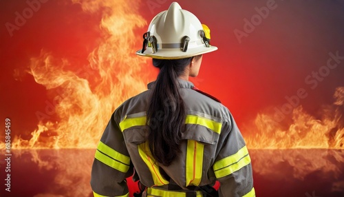 back view of a firefighter against fiery background