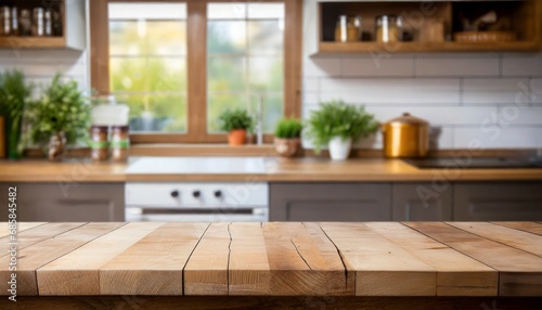 empty wooden table with kitchen in background