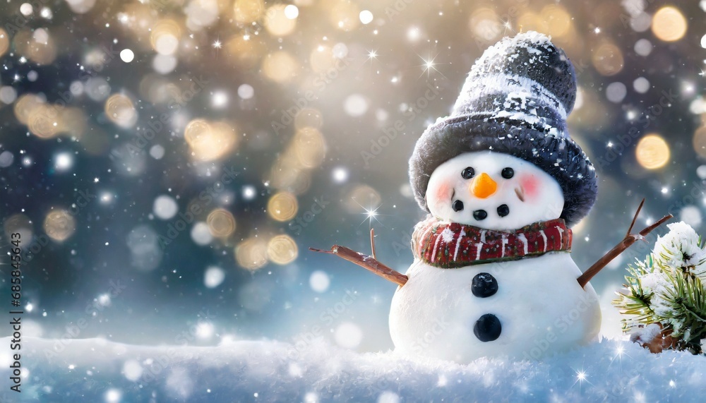 winter holiday christmas background banner with cute funny laughing snowman with wool hat and scarf on snowy snow snowscape and bokeh light