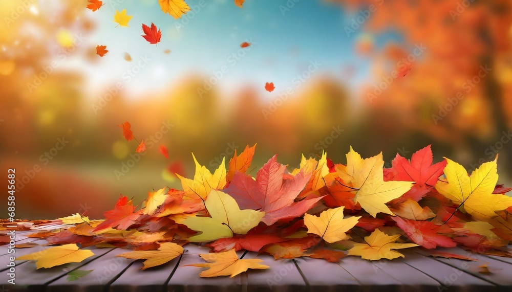 pile of autumn colored leaves on background colorful foliage of maple leaves in the fall season 3d