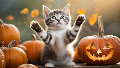 funny kitten raised his paws up among small jack o lantern pumpkins