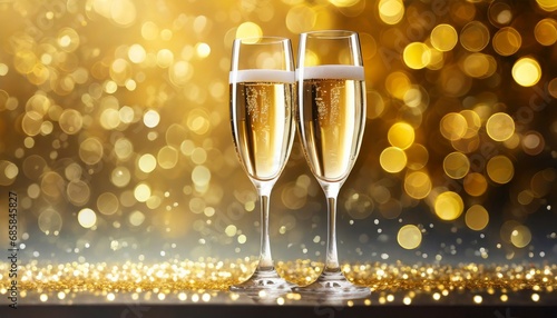 champagne for festive cheers with gold sparkling bokeh background glasses of sparkling wine in front of tender bright gold bokeh horizontal background for celebrations and invitation cards space