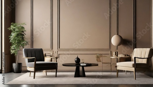 premium living room with chair and black table accent empty wall taupe beige color painted warm ivory interior design mockup art rich lux furniture and lounge reception hall 3d rendering photo