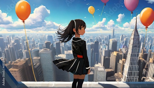 a beautiful magical wallpaper of an anime girl watching a city from top of a skyscrapper with a lot of balloons on the sky ai generated image photo