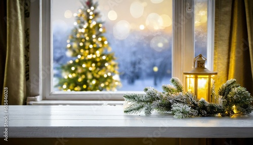 table space in front of defocused window sill with christmas tree