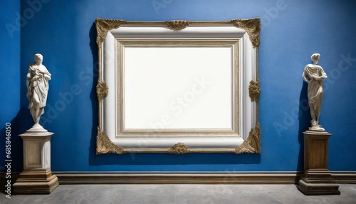 an antique art fair gallery frame on a royal blue wall at a museum or auction house a blank template with white copyspace for a prototype design generative ai
