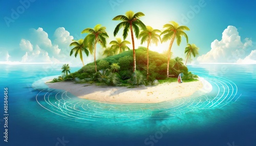 illustration of a beautiful tropical island with palm trees and a beach created with generative ai technology