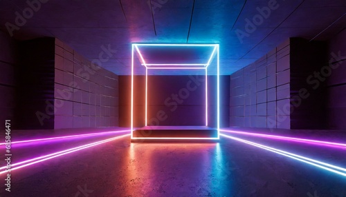 3d render abstract neon background box with glowing lines inside the dark room virtual reality futuristic minimalist wallpaper