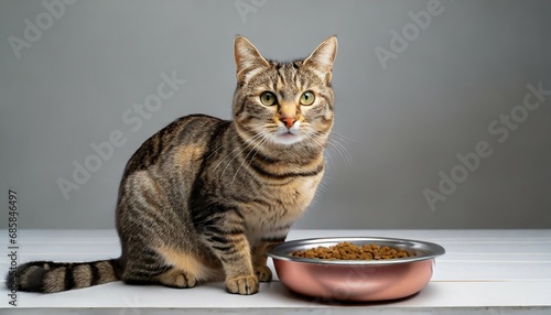 hungry domestic tabby cat sitting by food dish