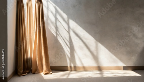 home design ideas mock up creative background white concrete wall with beige curtain hanging on the wall with sun light make shade from shadow frame house beautiful generative ai