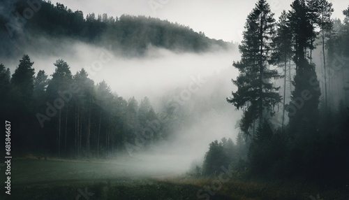 moody forest landscape with fog and mist photo