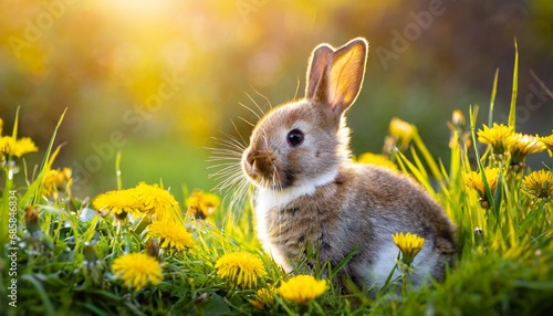 small rabbit in the grass on a sunny morning concept of spring and easter