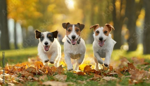 happy jack russell terriers in autumn walking with a pet in leaf fall three dogs run together in the park