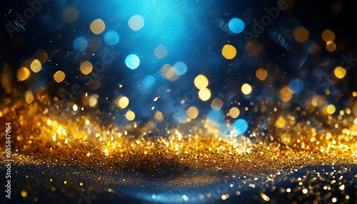 abstract glitter black gold and blue lights background de focused