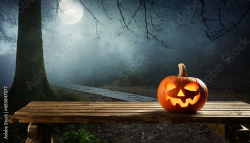 one spooky halloween pumpkin blank template on a wooden bench with a misty forest night background with space for product placement