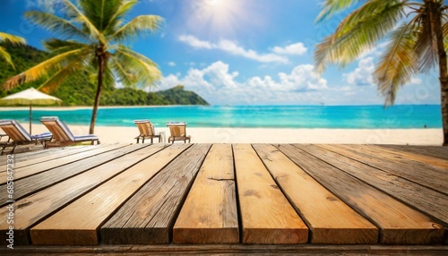 empty wooden planks with blur beach and sea on background