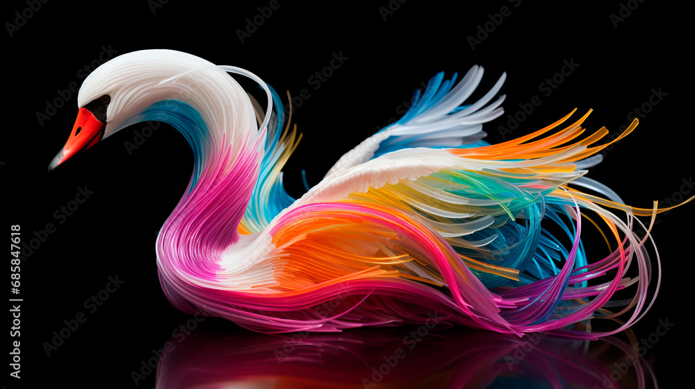 Elegance of lines: A multicolored swan made of colored threads, gracefully unfolded on a black canvas. Generative AI