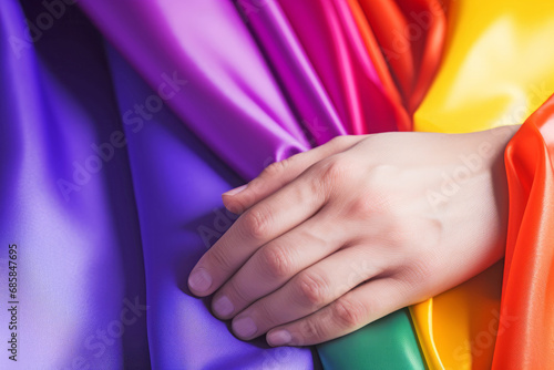 A woman hand goes through the folds of the LGBT flag