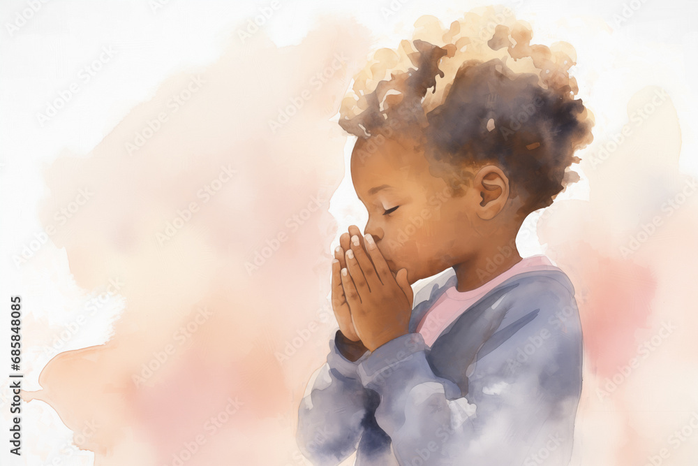 African american black girl in prayer Illustration - Children, Diversity and Religion Concept Art - Abstract brush strokes - Painted on white Canvas - obrazy, fototapety, plakaty 