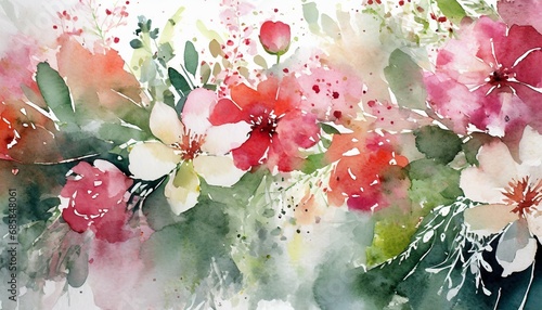 fondo de una pintura de acuarela con flores en tonos rosas rojos verdes y blancos sobre fondo blanco ilustracion de ia generativa photo