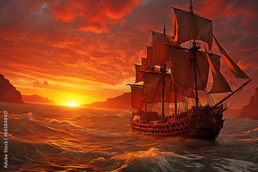 A ghost ship sails in a stormy sea against a sunset background