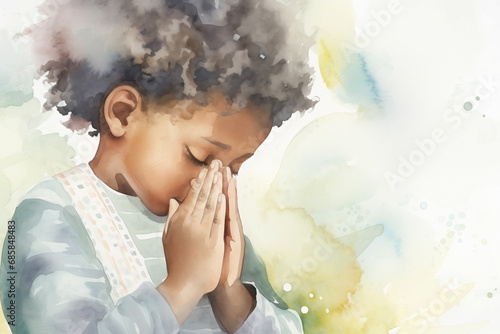 Black Afro girl praying Illustration - Children, Diversity and Religion Concept Art - Abstract brush strokes - Painted on white Canvas