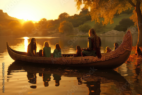 Viking family in a boat illuminated by sunset