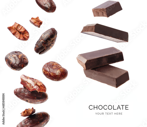 Creative concept made of cacao beans and bars on the white background. Flat lay. Food concept. Macro  concept. photo