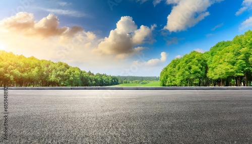 asphalt road and green forest landscape under the blue sky
