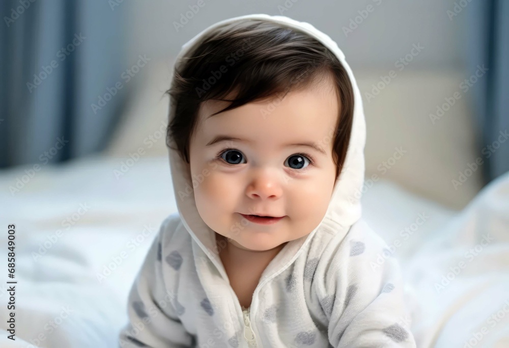 Closeup of adorable healthy baby sitting on the bed wearing hooded pajamas looking at the camera