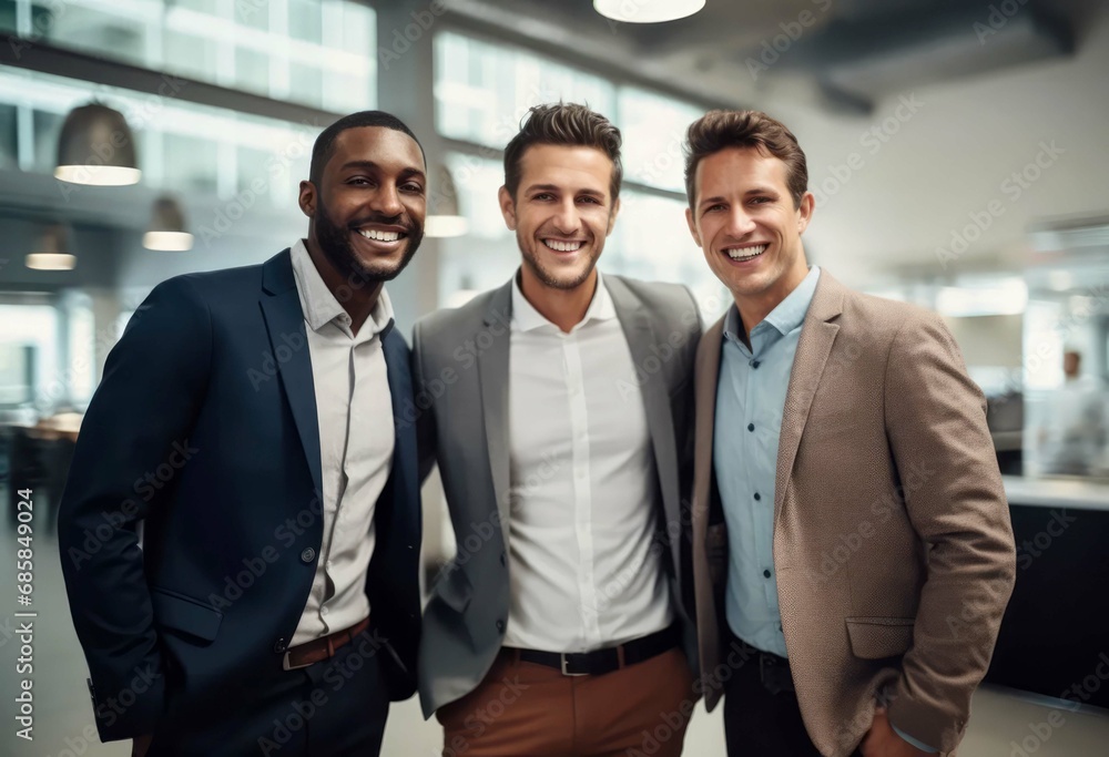 portrait of smiling confident professional multiracial business men corporate leaders managers standing in office, three diverse colleagues executives team posing together portrait of smiling confident professional multiracial business men corporate leaders managers standing in office, three diverse colleagues executives team posing together