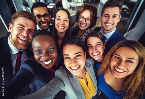 Multiracial teamwork of happy business people taking selfie photo together at the office. Corporate lifestyle of a diverse office workers