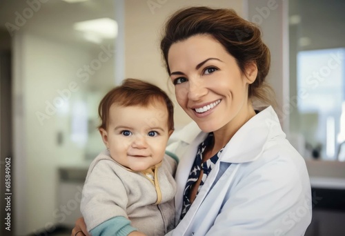 portrait of a smiling female pediatrician holding a baby infant in clinic or hospital looking at the camera