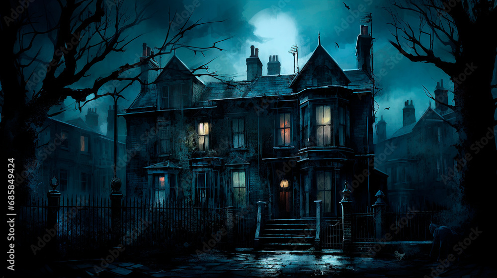 Obraz premium A house in London, abstract realism, gothic and mysterious, dark palette. Generative AI