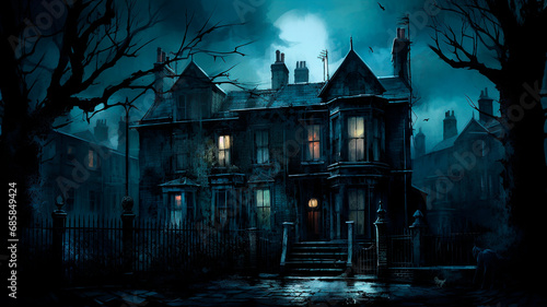 A house in London, abstract realism, gothic and mysterious, dark palette. Generative AI