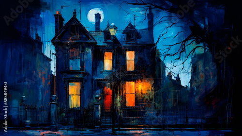 A house in London, abstract realism, gothic and mysterious, dark palette. Generative AI © Yuriy Maslov