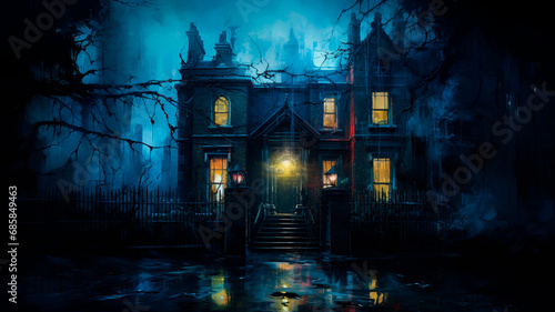 A house in London, abstract realism, gothic and mysterious, dark palette. Generative AI
