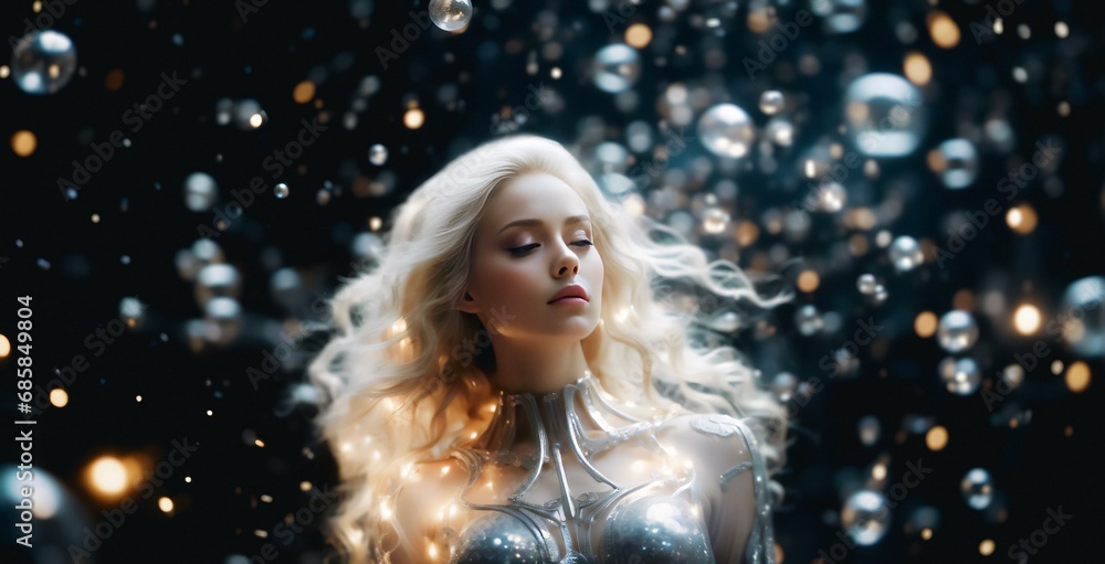 A beautiful divine woman with Slavic beauty floats in dark space surrounded by soap bubbles in a silk designer cosmic gown. Fashion wallpaper. Digital painting illustration.