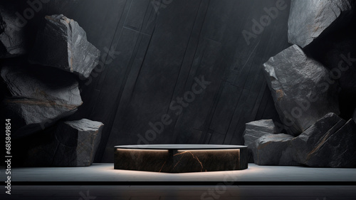 an elevated platform against a backdrop of black, dark and gray stone and rocks. Spotlights illuminate the platform, creating an interior for displaying goods. Generative AI