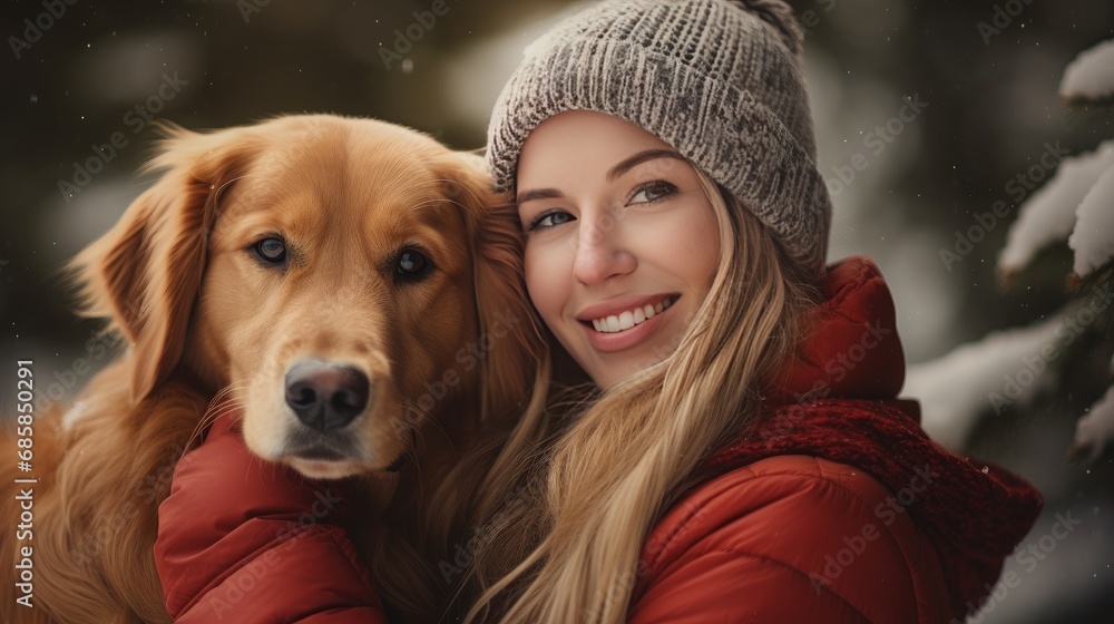 young woman with dog at christmas