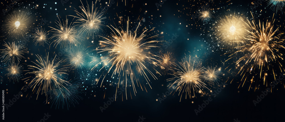 bright fireworks lit up the sky on the night, Happy new year glitter gold banner, with, bokeh panorama, dark gray and indigo. Explosion, Christmas bright fireworks lit up the sky on the night, Happy new year glitter gold banner, with, bokeh panorama, dark gray and indigo. Explosion, Christmas