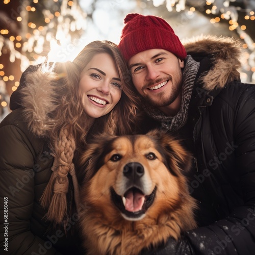 smiling young caucasian couple with their dog outside at christmas