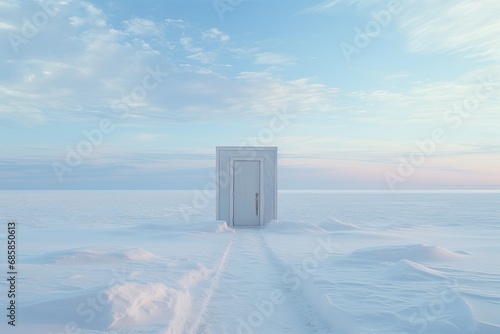 Open doors, a portal to another world among the snowy landscape of the North Pole. Fantastic concept of possibilities, new ideas and start-up